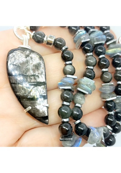 Sibelce 2223 Hypersthene Gümüş Obsidyen Labradorit El Yapımı Kolye Çok Renkli