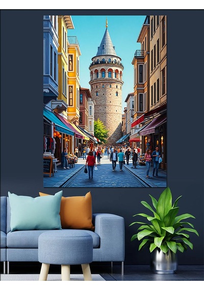 Galata Kulesi Sokak Manzarası Dekoratif Kanvas - Mdf Ahşap Tablo