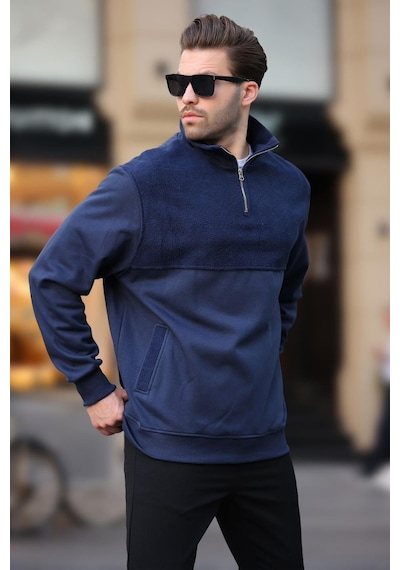 Madmext Lacivert Dik Yaka Yarım Fermuarlı Polar Sweatshirt 7096