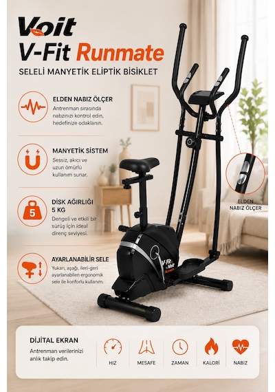 Voit V-Fit By Runmate Seleli Manyetik Eliptik Bisiklet | Sessiz Çalışan, Elden Nabız Ölçerli, Ayarlanabilir Sele