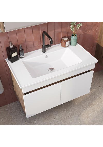 '' Lavabolu '' Mat Mdf 80 Cm Banyo Alt Dolabı Beyaz - Atlantik Çam