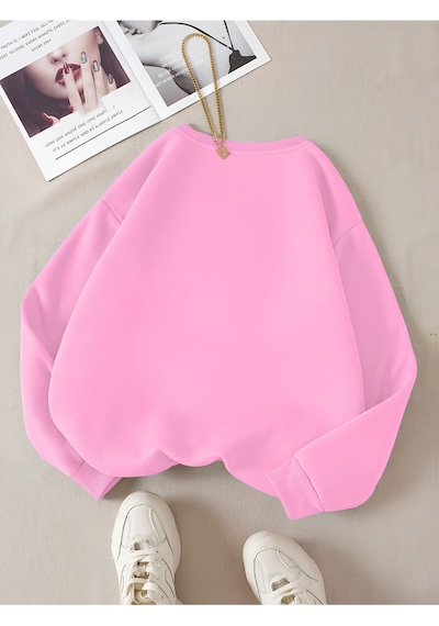 Startmore Pembe Kadın Renkli Cat Özel Göğüs Baskılı Oversize Bisiklet Yaka