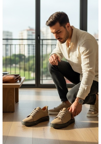 Enoch Hakiki Deri Günlük Bağcıklı Erkek Ayakkabı Jel Görünümlü Taban Sneaker Bej