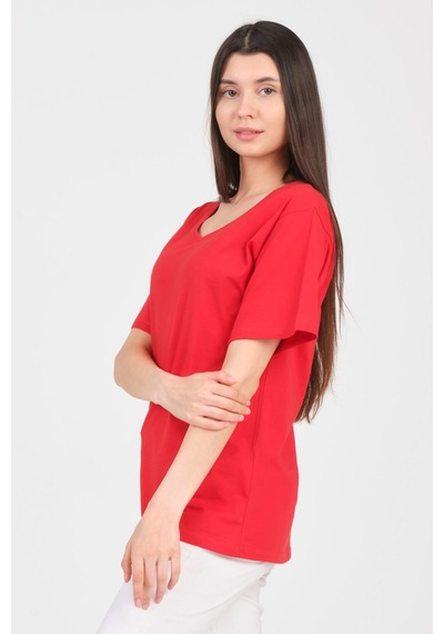 As Collection Kırmızı V Yaka Kısa Kol Boyfriend Kadın T-shirt Kırmızı