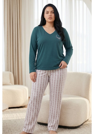 Siyah İnci Pamuklu Likralı Büyük Beden Battal Boy Örme Pijama Takım26240913 Yeşil