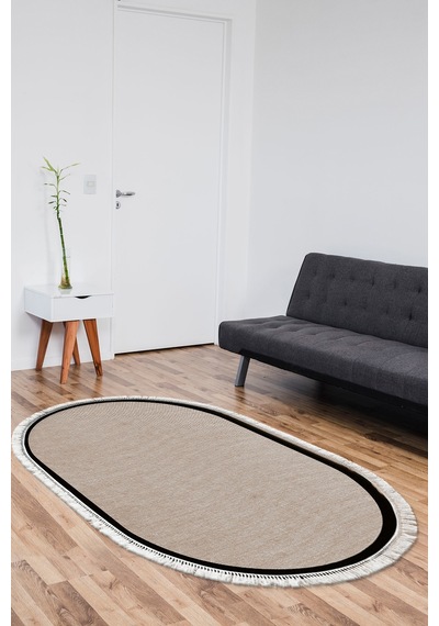 Dekoreko Kaymaz Taban Djt Banyo Mutfak Salon Halı Trend Saçaklı Oval Dokuma Desen E5001 Taupe
