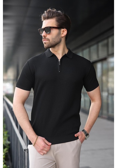 Madmext Siyah Yarım Fermuarlı Polo Yaka Triko Erkek Tişört E7459 Siyah