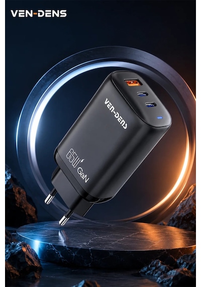 Ven-dens Sp-tc91bg 65 W Pd 3 Portlu Hızlı Şarj Adaptörü, 2 Usb-c Ve 1 Usb-a, Qc 3.0 Desteği, Siyah
