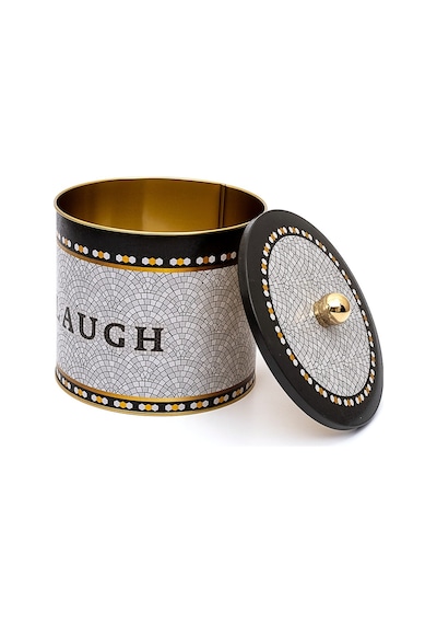 Mosaic Laugh Desenli Topuz Kulplu Yuvarlak Metal Saklama Kabı 17.5 x 15.5 CM 3.5 L