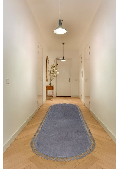Vl Yuvarlak Comfort Düz Saçaklı Peluş Antrasit Yolluk Halı Oval Antrasit Ponpon Saçak