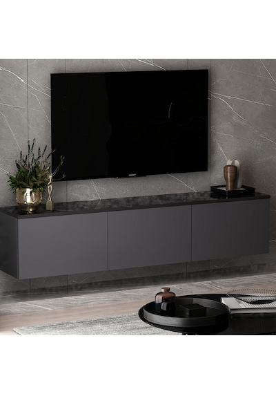 Neon 3 Kapaklı Duvara Monte Tv Ünitesi, Tv Sehpası Antrasit Mermer Desen - Antrasit Antrasit Neon 3 Kapaklı Duvara Monte Tv Ünitesi, Tv Sehpası Antrasit Mermer Desen - Antrasit Antrasit