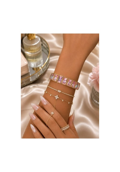 Aura Altın Kaplama Pembe Kristal Taşlı Şık Kadın Bileklik
