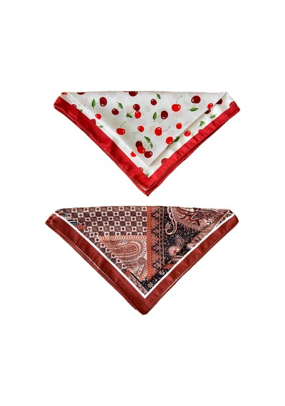 2 Li Saten Bandana Seti Saten Fular Saten Çanta Aksesuarı Özel Desen Bandana 45x50 Cm Kırmızı - Kahverengi