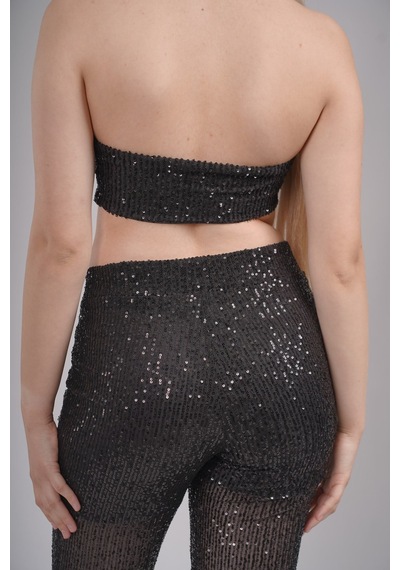 Mayrem Pul Payet Straplez Crop & İspanyol Paça Set Takım Siyah