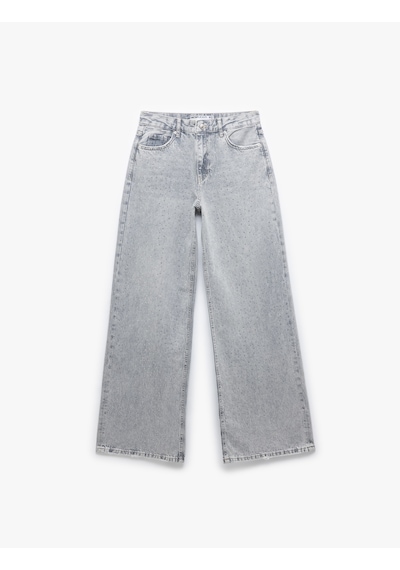 Koton Geniş Paça Düğmeli Taş Detaylı Pamuklu Jean Pantolon - Wide Leg Jeans Gri 5sal40275md Gri Koton Geniş Paça Düğmeli Taş Detaylı Pamuklu Jean Pantolon - Wide Leg Jeans Gri 5sal40275md Gri