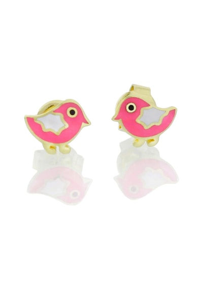 Pembe Kuş Altın Çocuk Küpe Sarı Altın
