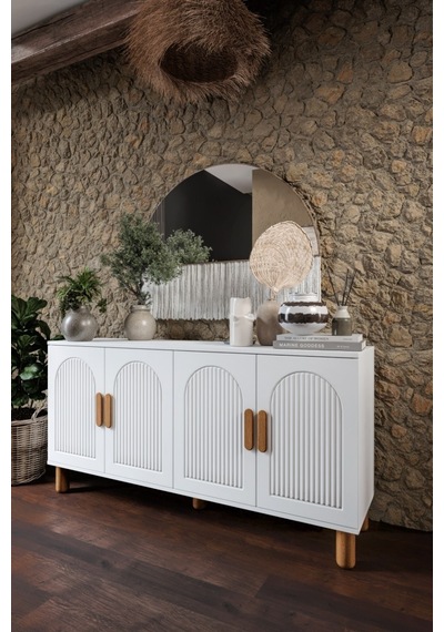 Elysia Bohem Konsol 4 Kapaklı Mdf Mebran Kapak 160 Cm Modern Salon Konsolu Beyaz