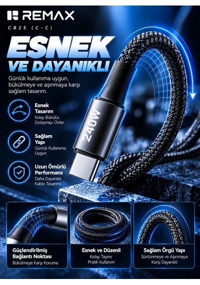 Remax Cb25 240w Pd Type-c To Type-c Örgülü Hızlı Şarj Ve Data Kablosu 1.2 Metre Siyah