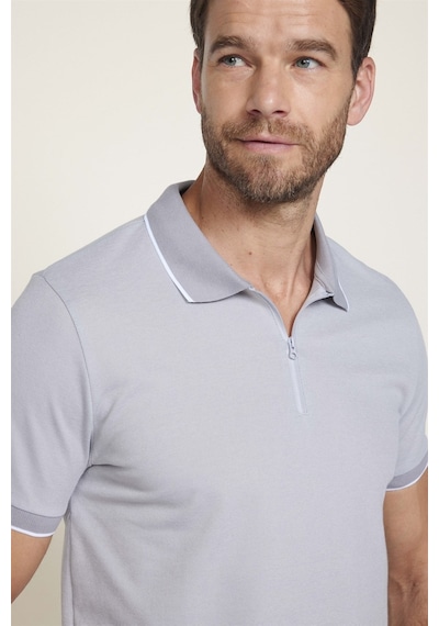 Tudors Erkek Slim Fit Dar Kesim Pamuklu Fermuarlı Gri Polo Yaka Tişört-27588 Gri