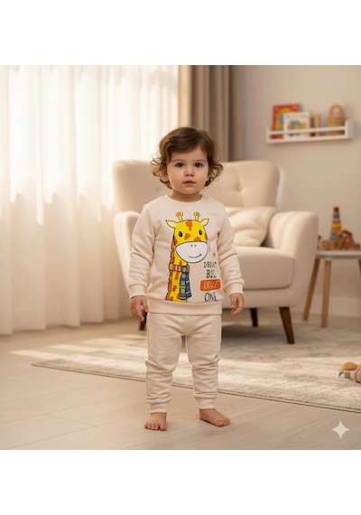 Poppy Trend Kız Bebek Zürafa Baskılı Çıt Çıtlı Alt Üst İkili Gündelik Takım 6-18 Ay Krem