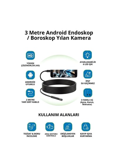 3 Metre Led Işıklı Endoskop Kamera Ip67 Su Geçirmez Yarı Esnek Kablo 3 Aparatlı Tesisat Ve Araç İçi Görüntüleme Kamerası