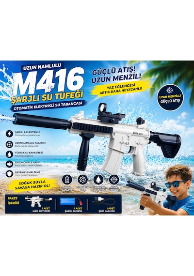 Uzun Namlulu M416 Şarjlı Su Tüfeği Otomatik 60 Cm Elektrikli Su Tabancası Mavi