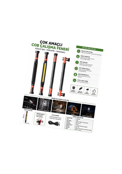 40w Cob Led Şarjlı Çalışma Lambası Mıknatıslı Askılı Type-c Gs2080 Evimdeyokyok Çok Renkli