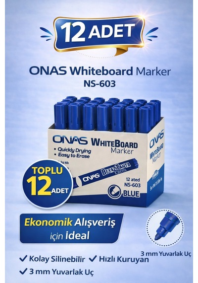 Onas Whiteboard Marker Ns-603 Mavi Tahta Kalemi 3 Mm Yuvarlak Uç 12 Adet