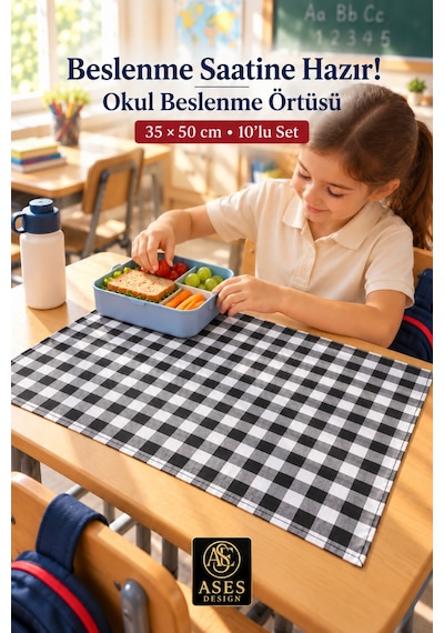 10 Lu Yıkanabilir Beslenme Örtüsü 35x50 Cm Siyah Beyaz Kareli Anaokulu Ve İlkokul