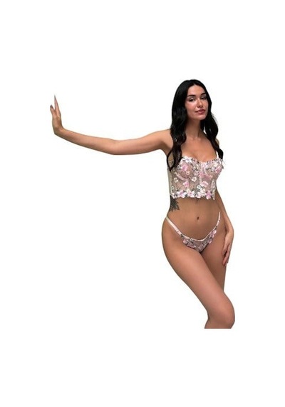 Onsekiz18shop İçi Boş Tül Ten Rengi Nakışlı Çiçekli Büstiyer Takımı