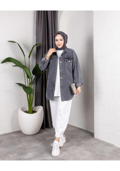 Hb Harma Time Butik Kadın Yıkamalı Cepli Denim Koyu Gri Ceket