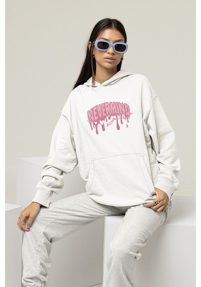 Nevermind Unisex Oversize Hoodie Sweatshirt Pembe Baskılı Kapüşonlu Beyaz