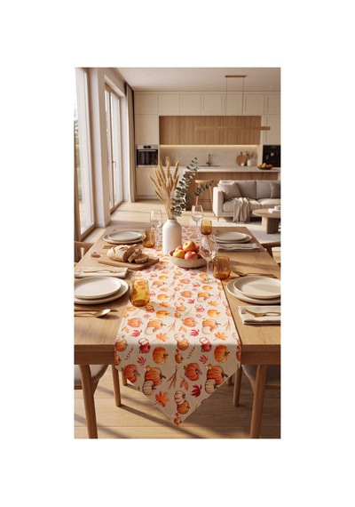 Duck Kumaş Bal Kabak Desenli Runner Su İtici, Leke Tutmaz, Sonbahar Dekoratif Runner Turuncu - 906417745 Turuncu