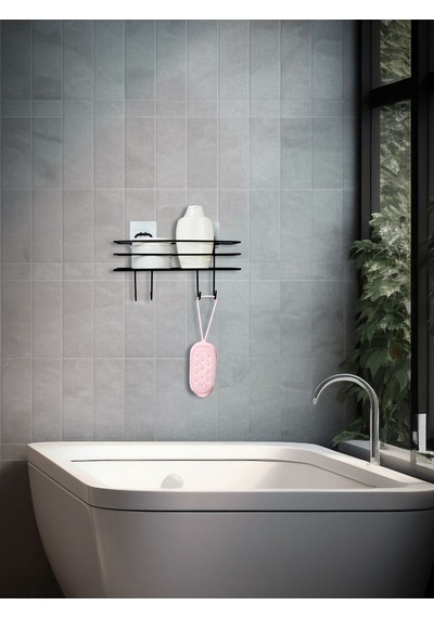 Yapışkanlı 4 Kancalı Banyo Rafı Siyah Banyo Lif Şampuanlık Duşakabin Askısı Siyah Diğer