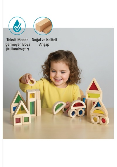 Oyuncak Ahşap Bloklar Rainbow Blok Seti 24 Parça Waldorf Eğitici Doğal Ahşap Geometrik Renkli Blok