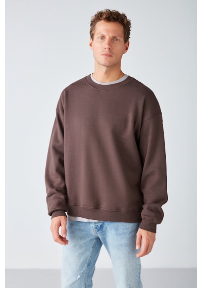 Grimelange Stephan  Erkek Yumuşacık Kumaşlı Organik Pamuklu Oversize Fit Yuvarlak Yakalı Kahverengi Sweatshirt