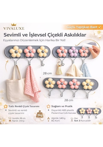 Çiçek Tasarımlı Duvar Askısı, 3 Lü Metal Kanca Seti, Dekoratif Renkli Kapı Ve Duvar Askısı, Mutfak, Banyo, Yatak Odası İçin Organizer Askı, Şeffaf