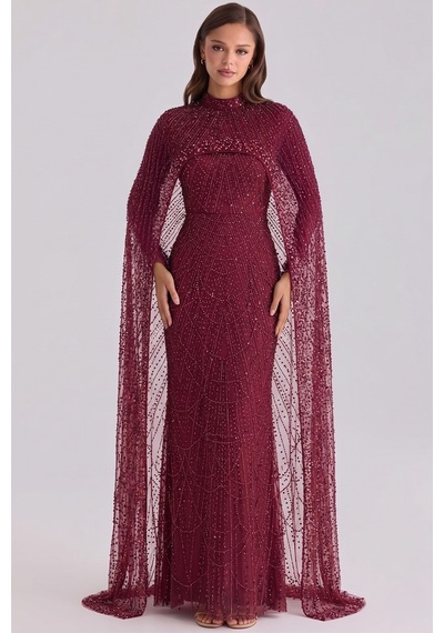 Olcay İnci Ve Pul Bezeli Exclusive Tesettür Abiye Elbise Bordo 1039