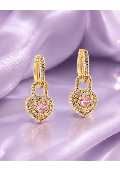 14k Altın Kaplama Kalp Detaylı Pembe Taşlı Zirkon Küpe - Kilit Tasarım Sallantılı Küpe Altın - Pembe