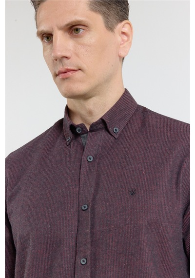 İmza Bordo - Siyah Düğmeli Yaka Uzun Kol Cepsiz Slim Fit Pamuklu Gömlek 1004255233