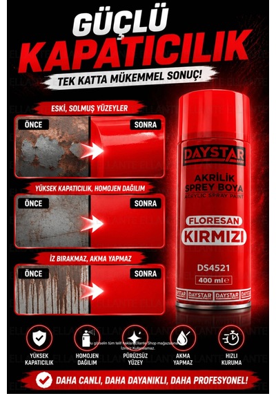 Daystar Floresan Kırmızı Akrilik Sprey Boya 400 Ml Hızlı Kuruyan Çok Amaçlı Metal, Ahşap, Plastik Çok Renkli
