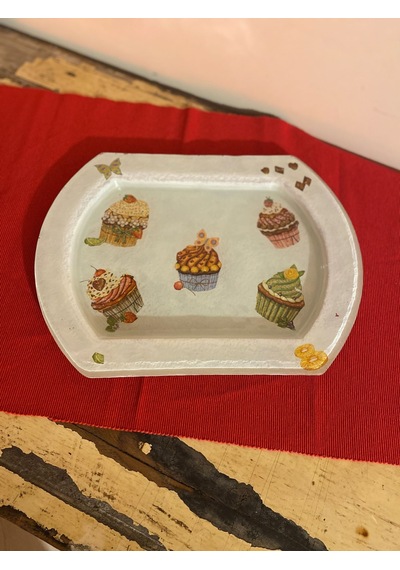 Özel El Yapımı Cupcake Temalı Beyaz Cam Servis Tabak 30 X 23 CM