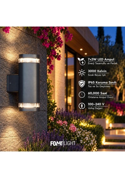 Gala Duo Modern Cam Detaylı Çift Yönlü Led Duvar Apliği 80x120x210 Mm Ip65 Alüminyum Dış Mekan Bahçe Balkon Teras Cephe Aydınlatması 3000k Diğer