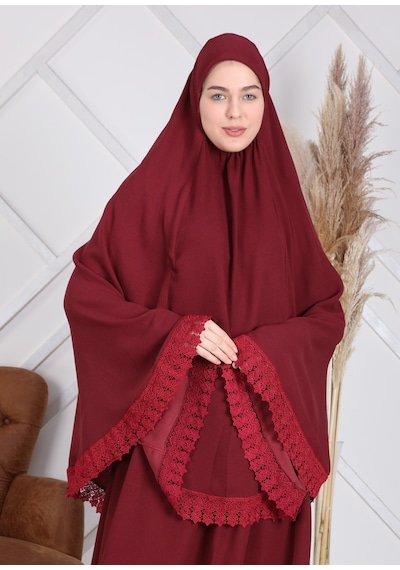 İki Parça Dantelli Arap Model Namaz Elbisesi Bordo