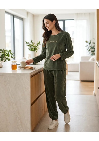 Kadın Haki Kadife Pijama Takımı