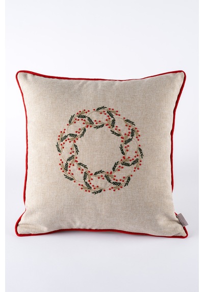 Xmas Bej Nakşlı Biyeli Kırlent Kılıfı 45x45 2550 Bej