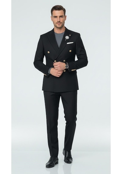 Erkek Kruvaze Gold Düğmeli Dokulu Likralı Kumaş Blazer Ceket Modern Kesim Şık Tasarım Siyah