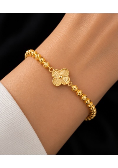 Bijutakı Yonca Figürlü Işıltılı Boncuk Zincir Bileklik Ayarlanabilir Model Gold