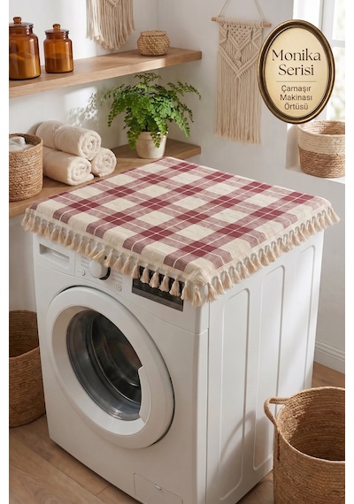 Bordo Vintage Püsküllü Çamaşır Makinesi Örtüsü - Çeyizlik Buldan Bezi Dekoratif Banyo Makine Kılıfı