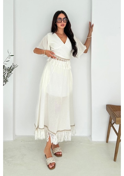 Asprin Fashion Püsküllü Bluz Etek Takım Beyaz Beyaz